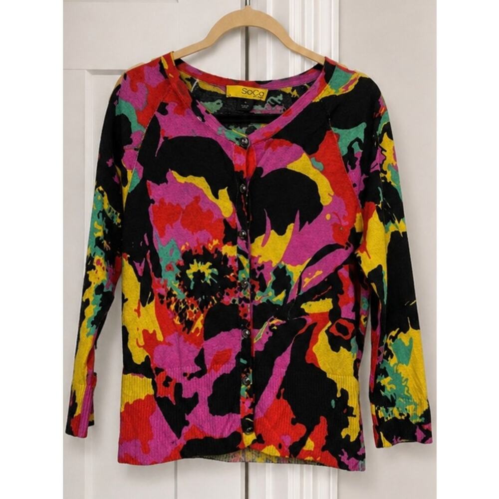 St John SoCa Abstract Floral Silk Cashmere Blend Cardigan Black Pink Yellow sz S - Picture 2 of 7